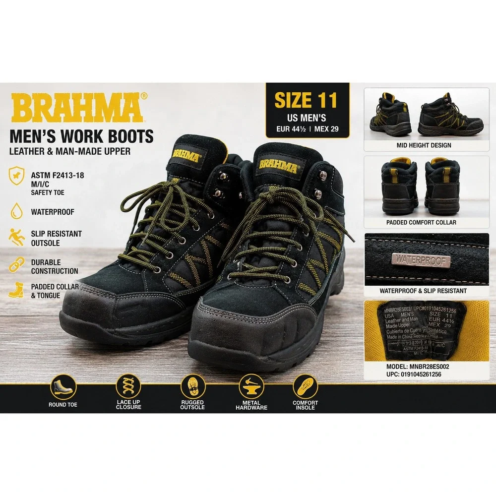 Brahma Mens Waterproof Safety Toe Work Boots Black MNBR28ES002 Size 11